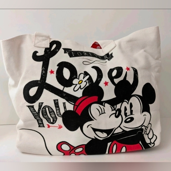 Disney Mickey and Minnie Mouse Love You Forever Valentine Canvas Tote Bag NWT - Picture 2 of 4